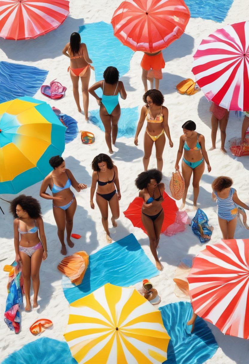 A vibrant scene depicting a sunny beach where a diverse group of individuals, including families and friends, are trying on various styles of cost-effective swimwear. Colorful beach towels, beach umbrellas, and a clear blue ocean in the background. Showcase a price tag theme subtly integrated into the swimwear designs, illustrating affordability. Artistic flair with bright, cheerful colors. super-realistic. vibrant colors. white background.