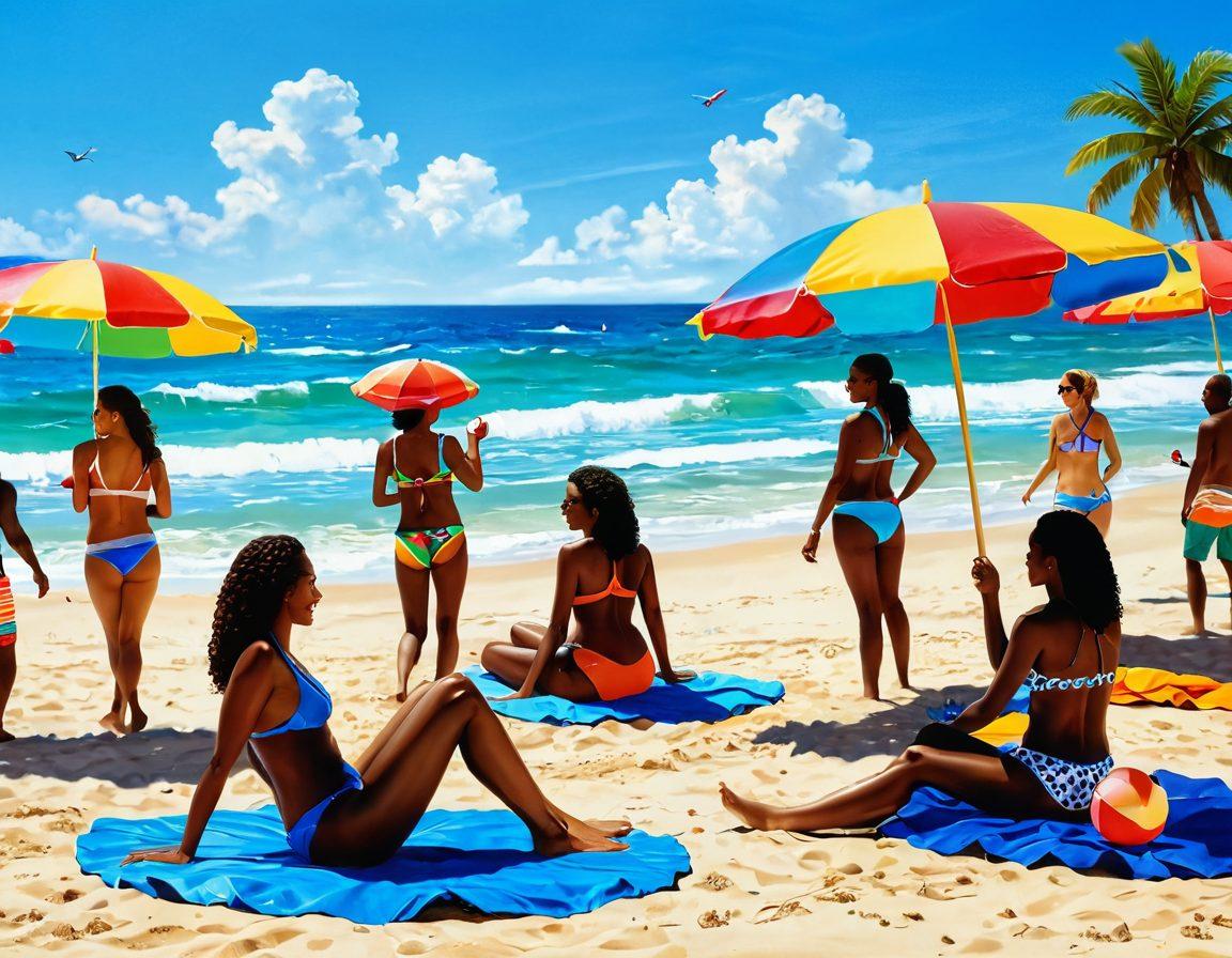 A sunlit beach scene featuring a diverse group of stylishly dressed individuals in colorful, affordable swimwear, showcasing vibrant beach umbrellas and shimmering waves. Include playful beach activities like frisbee and beach volleyball, with sandcastles in the background. A bright blue sky enhances the joyful atmosphere. The scene should evoke a sense of summer fun without the expense. super-realistic. vibrant colors. sunny ambiance.